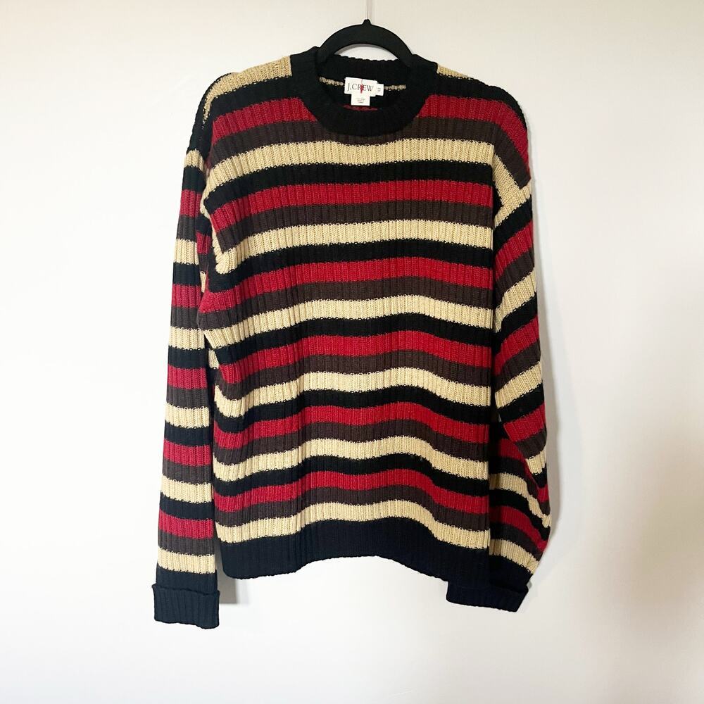 J.Crew oarsman wool striped crewneck sweater men’s large‎ tall tan black red
